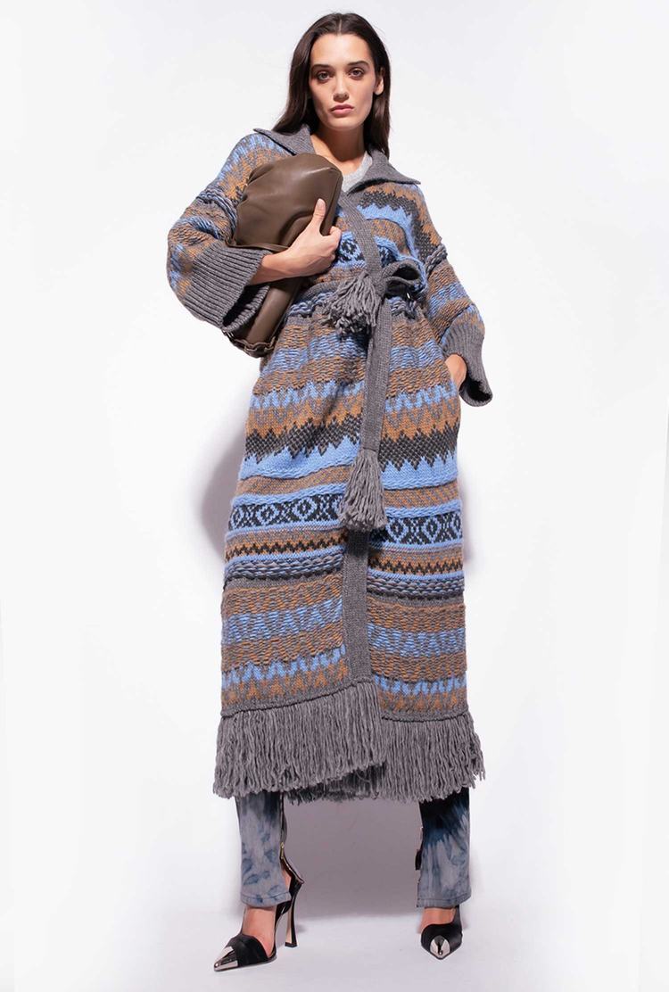 Women's Pinko Alpaca-blend Jacquard Coats Silver/Flower Blue | Canada-49607319