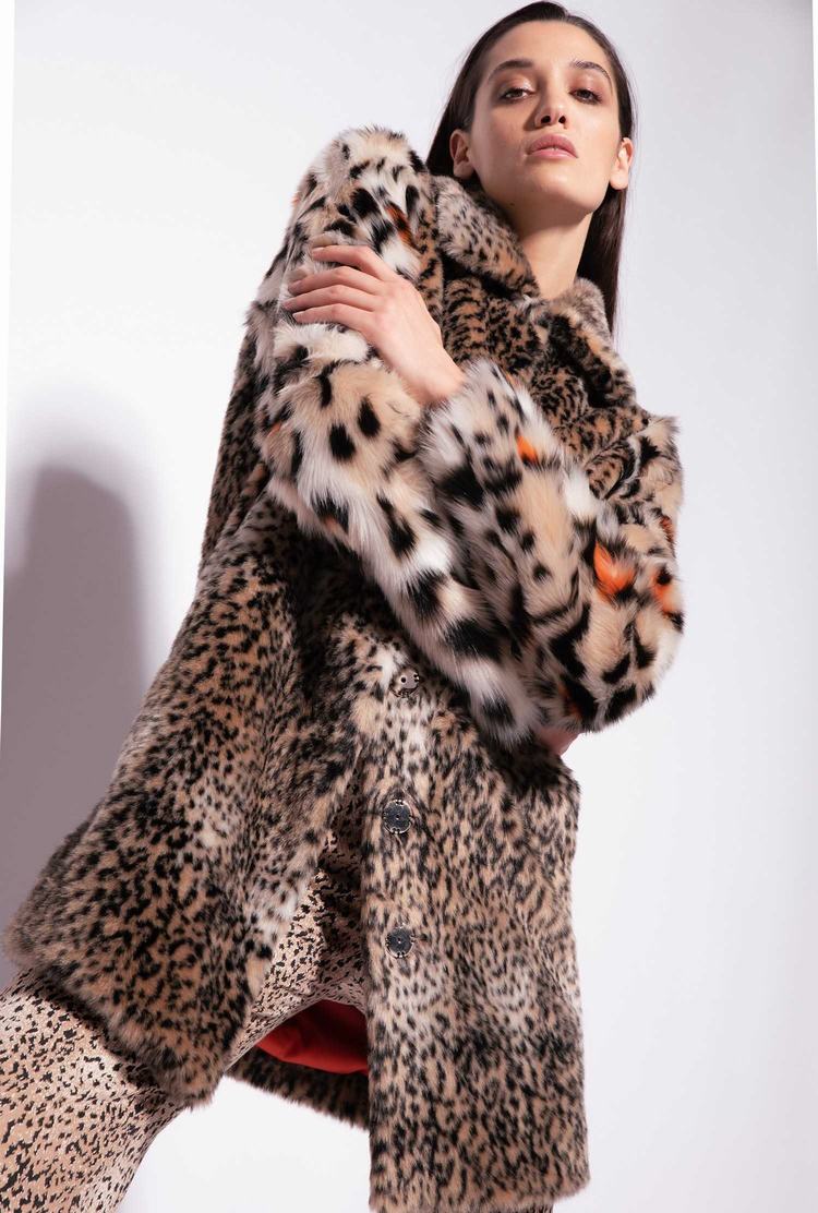 Women's Pinko Animal-print Faux-fur Coats Beige/Black/Orange | Canada-27918059