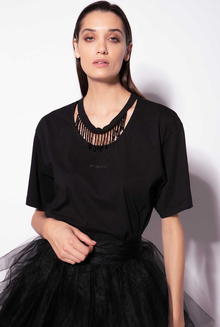 Women's Pinko Beads On The Neck T Shirts Black | Canada-16037459