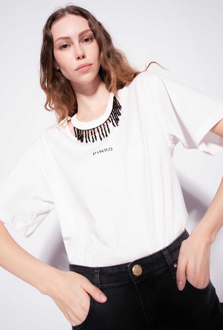 Women's Pinko Beads On The Neck T Shirts White | Canada-26417839