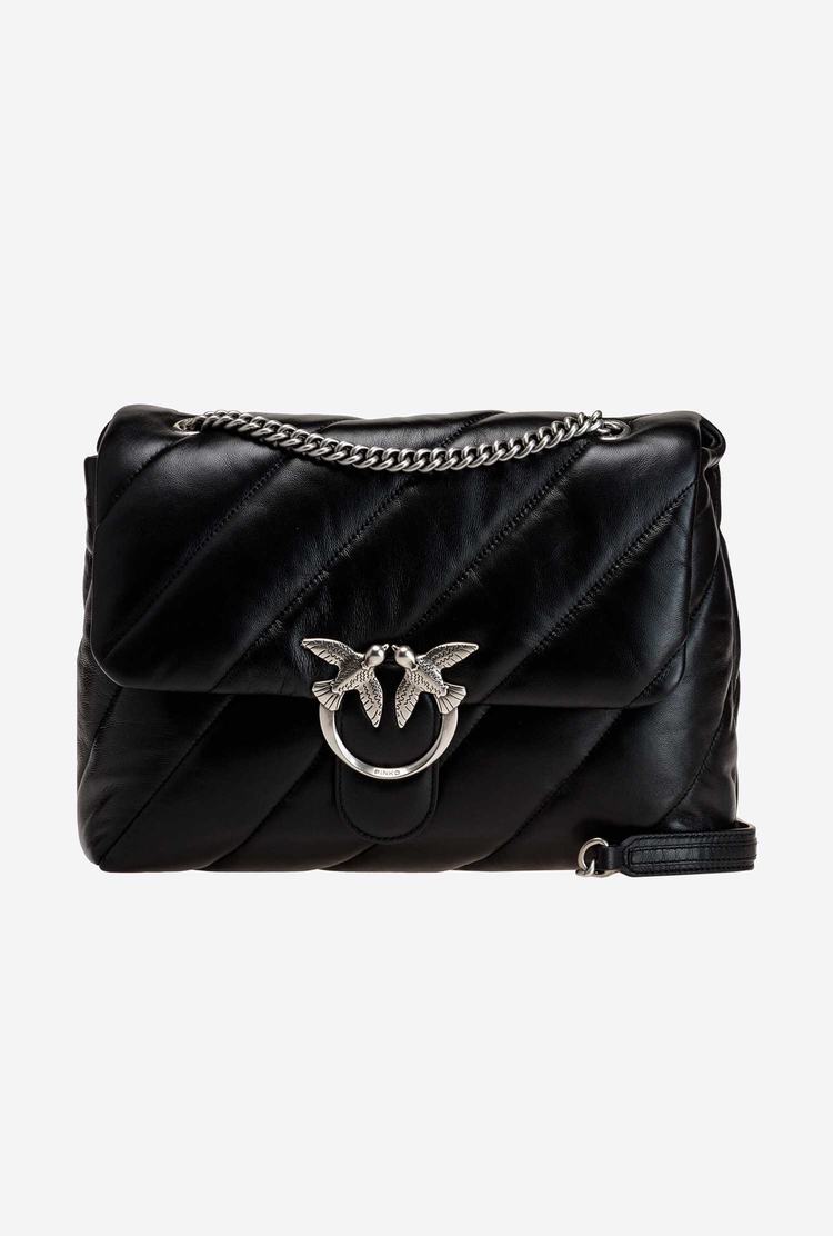 Women's Pinko Big Love Bag Puff Maxi Quilt Crossbody Bags Black Silver | Canada-50491389