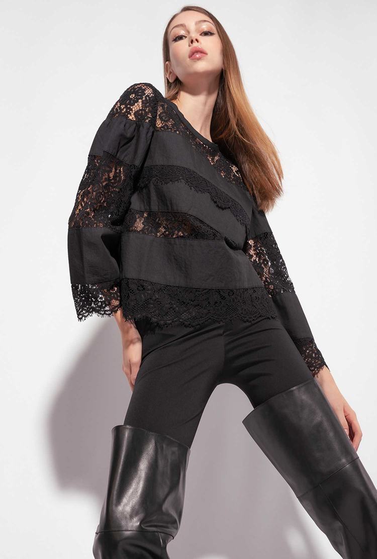 Women's Pinko Black Denim And Lace Shirts Black | Canada-97316809