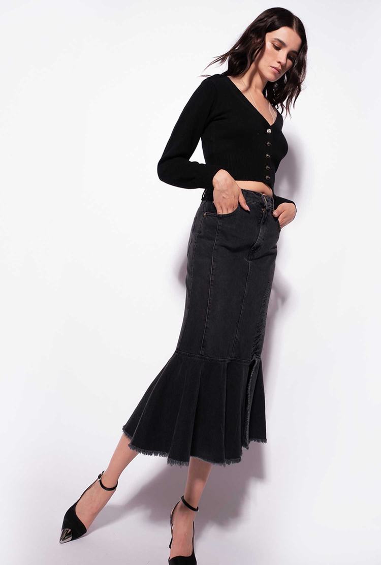 Women's Pinko Black Denim Midi Skirts Grey | Canada-24185399