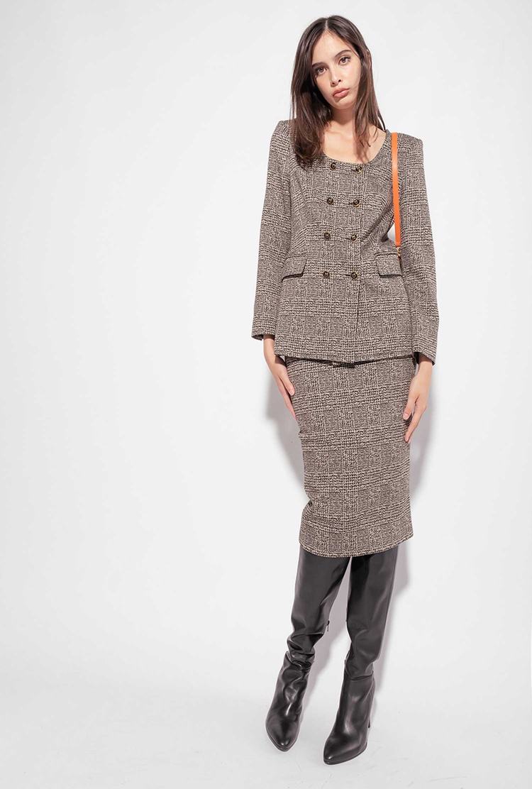 Women's Pinko Calf-length Check Skirts Beige/Black | Canada-03279149