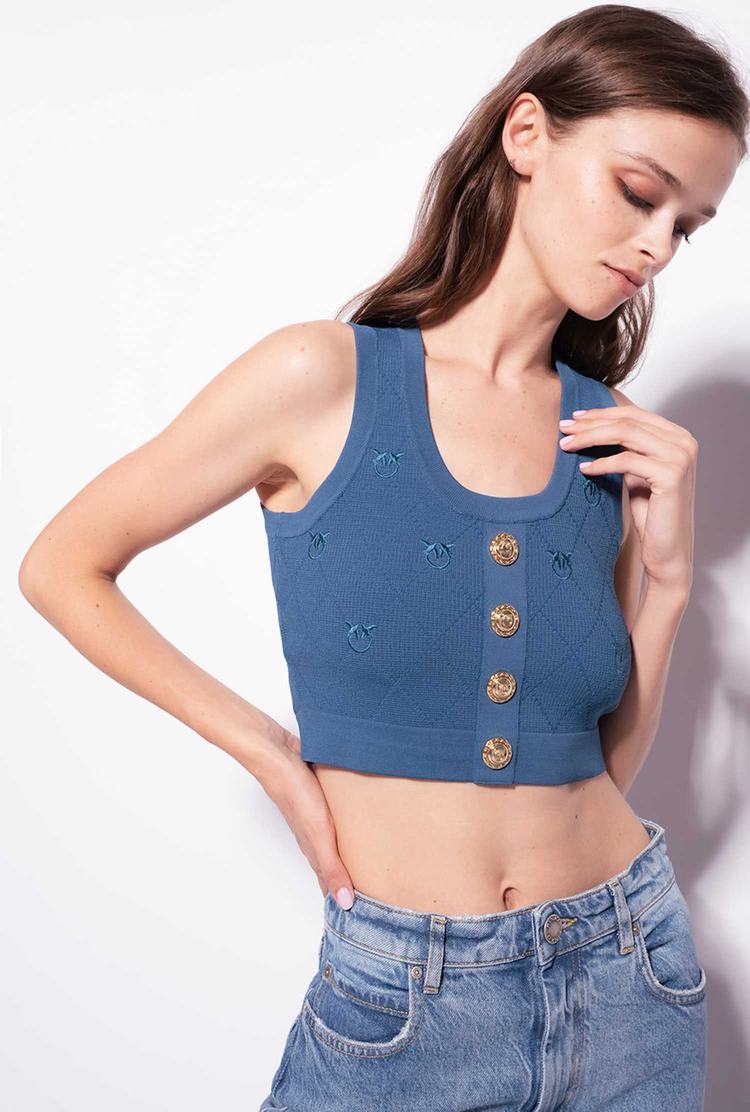 Women's Pinko Cropped Jacquard Love Birds Vest Blue | Canada-39615479