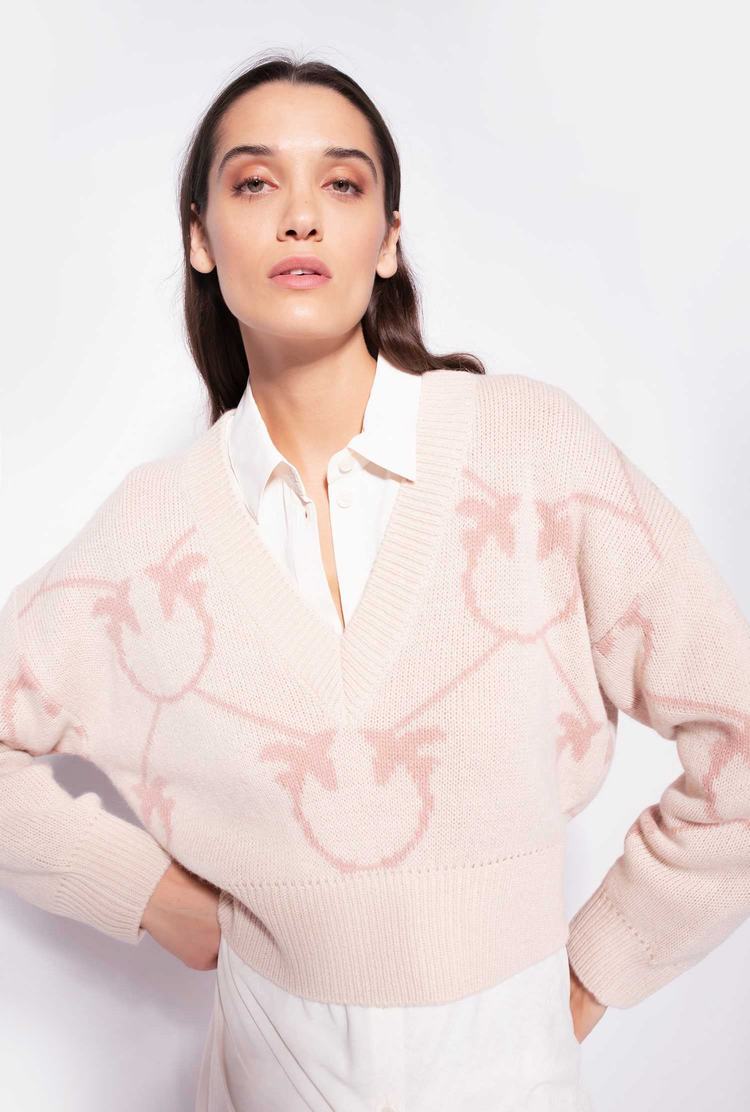 Women's Pinko Cropped Monogram Jacquard Pullover Cream/Pink | Canada-31079489