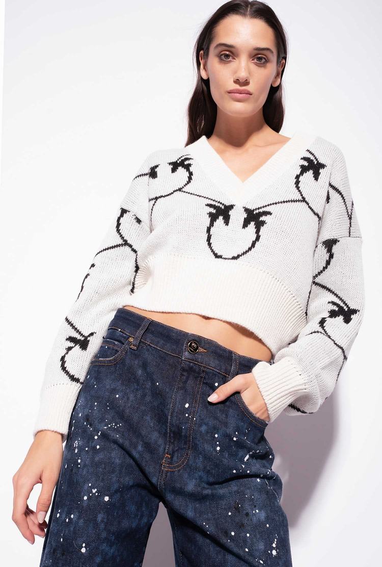 Women's Pinko Cropped Monogram Jacquard Pullover Cream/Black | Canada-74065319