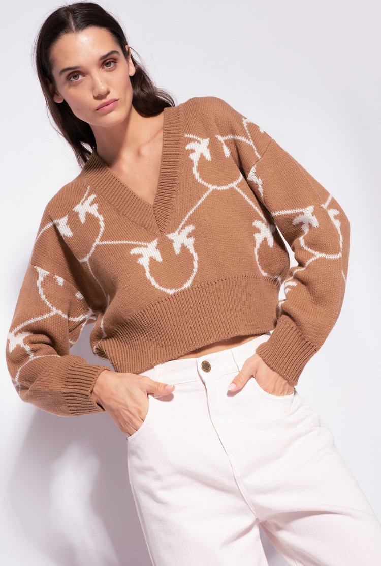 Women's Pinko Cropped Monogram Jacquard Pullover Brown/Beige | Canada-80974259