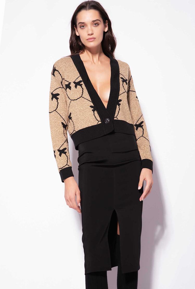 Women's Pinko Cropped Monogram Jacquard Cardigan Gold/Black | Canada-90217549