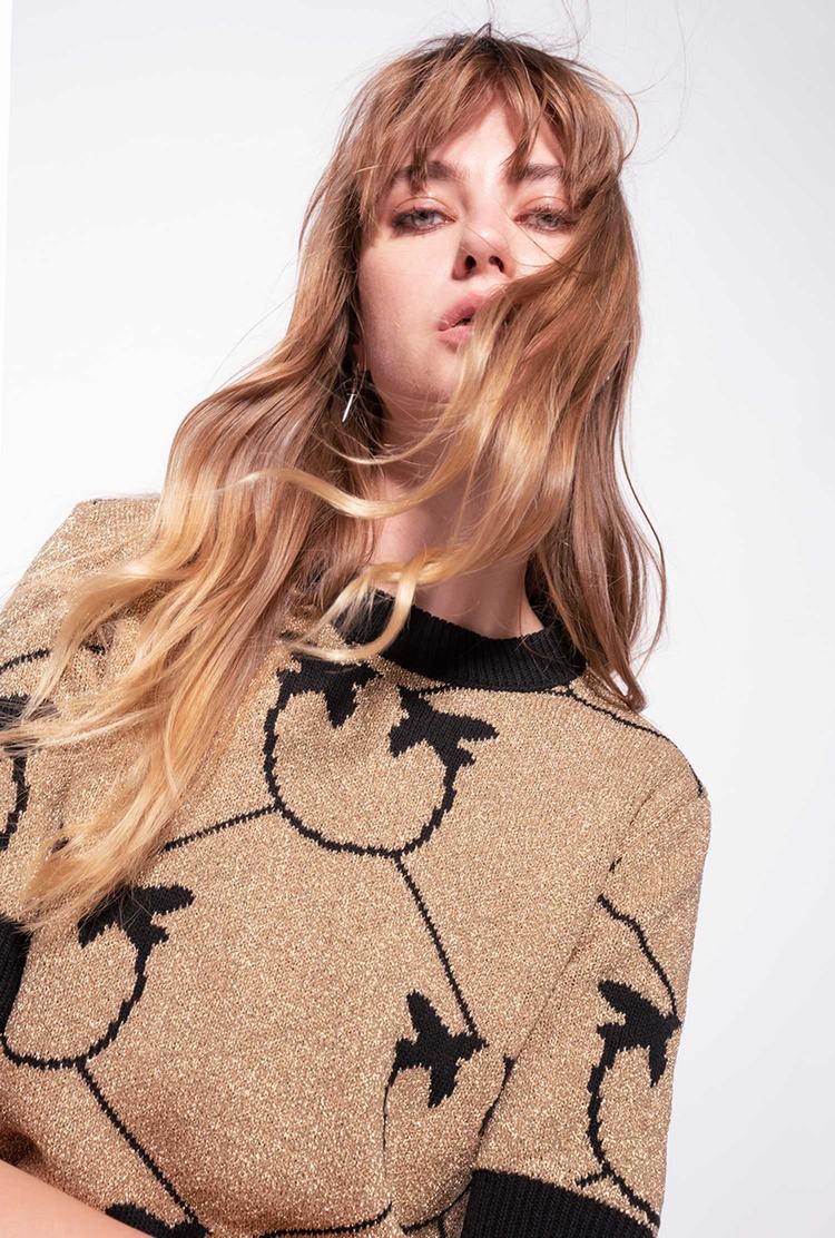 Women's Pinko Cropped Monogram Jacquard Sweaters Gold/Black | Canada-98361759