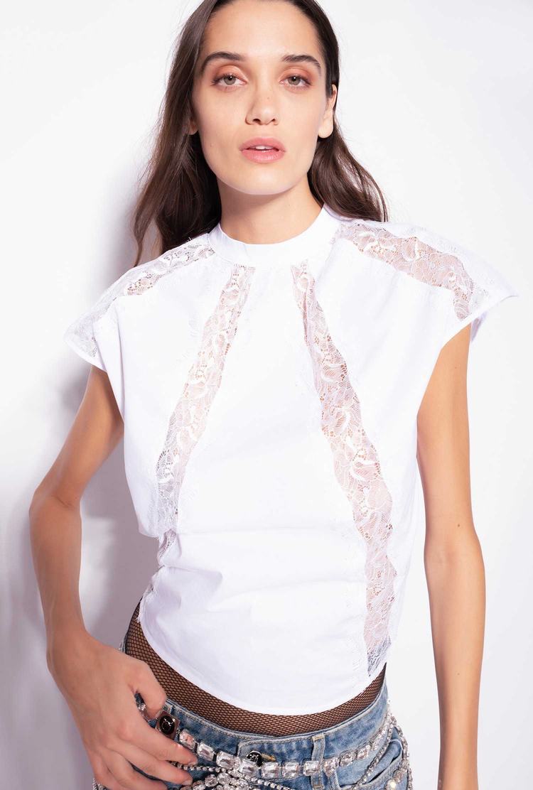 Women's Pinko Cropped Poplin And Lace Tanks White | Canada-02469719