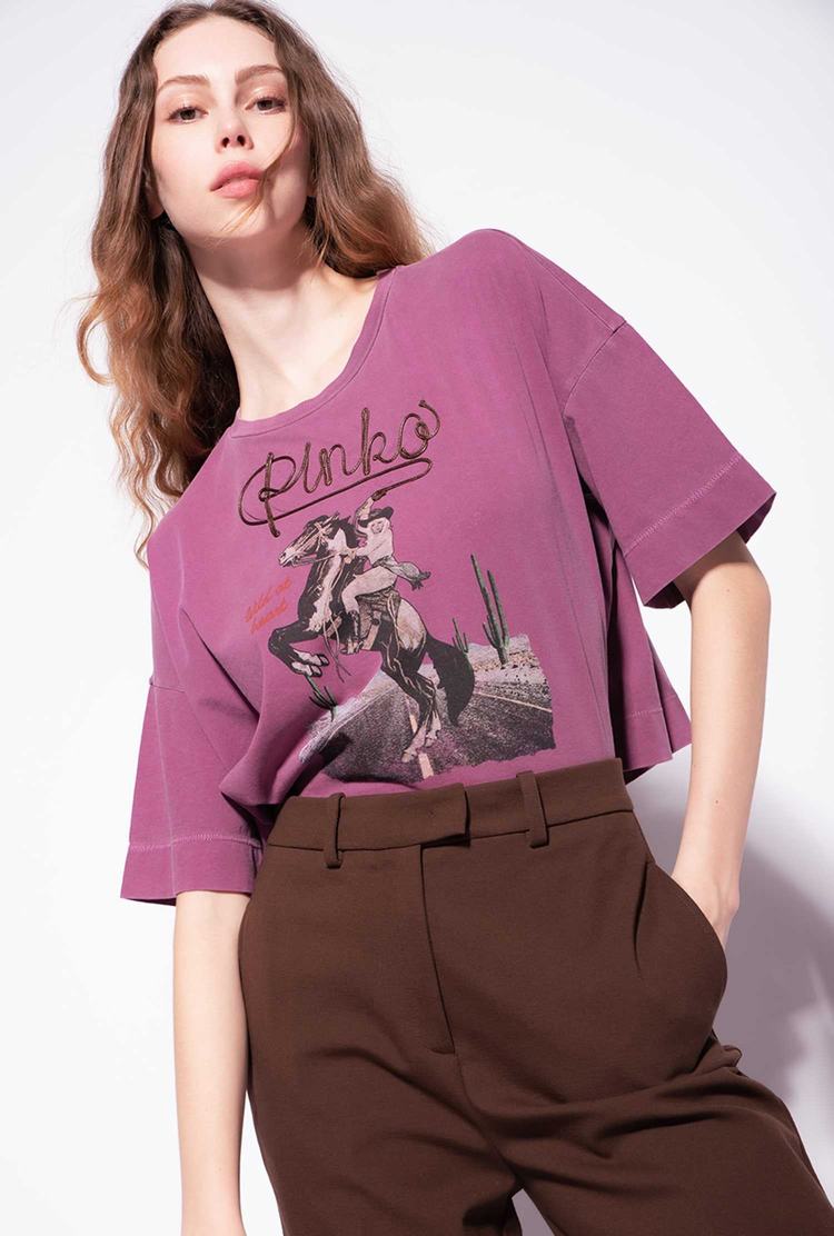 Women's Pinko Cropped Western T Shirts Dark Purple | Canada-17403869