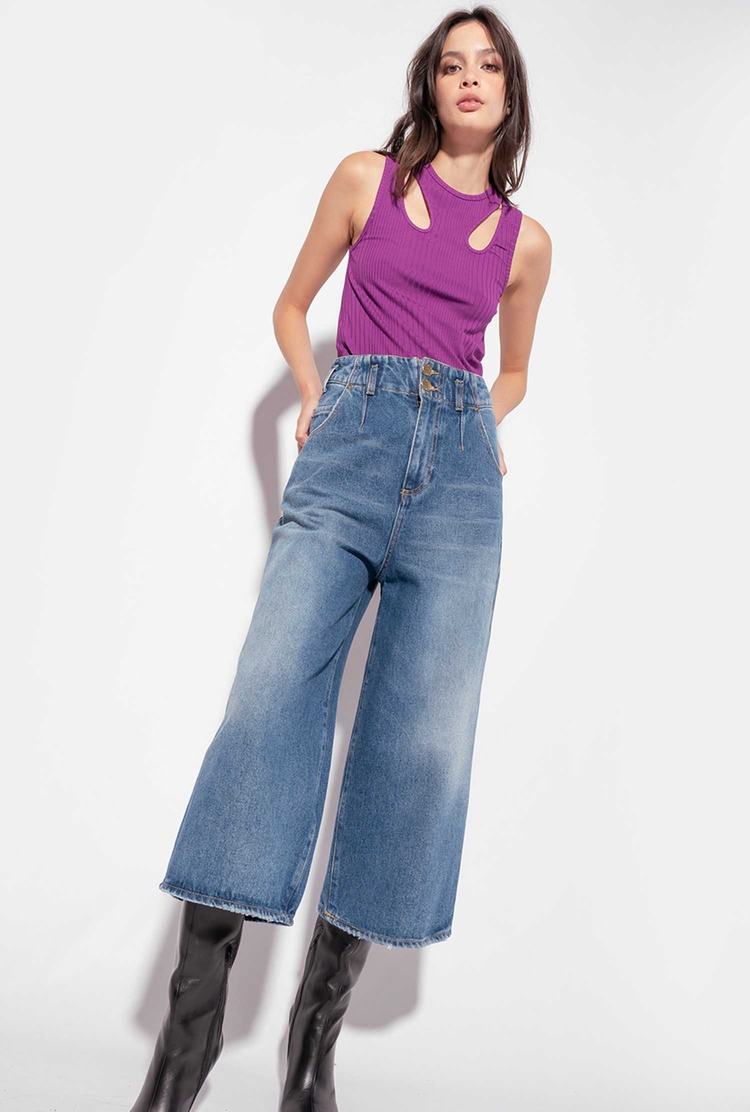 Women's Pinko Cropped Wide-leg In Authentic Denim Jeans Blue | Canada-75281069