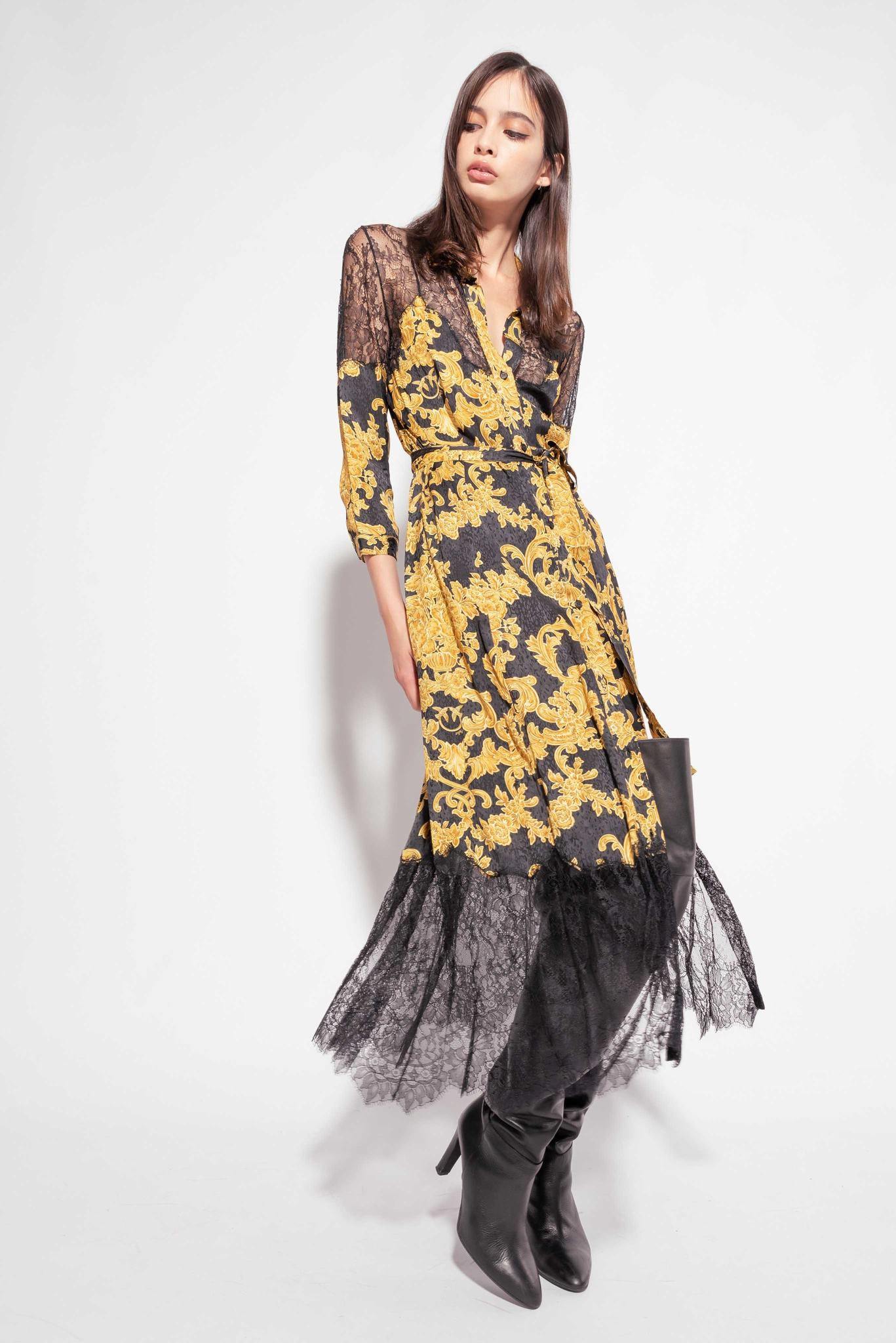Women's Pinko Decorative Print And Lace Dress Black/Gold | Canada-61073929