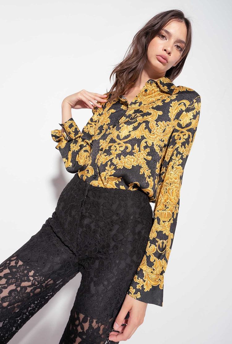 Women's Pinko Decorative Print Shirts Black/Gold | Canada-35792489