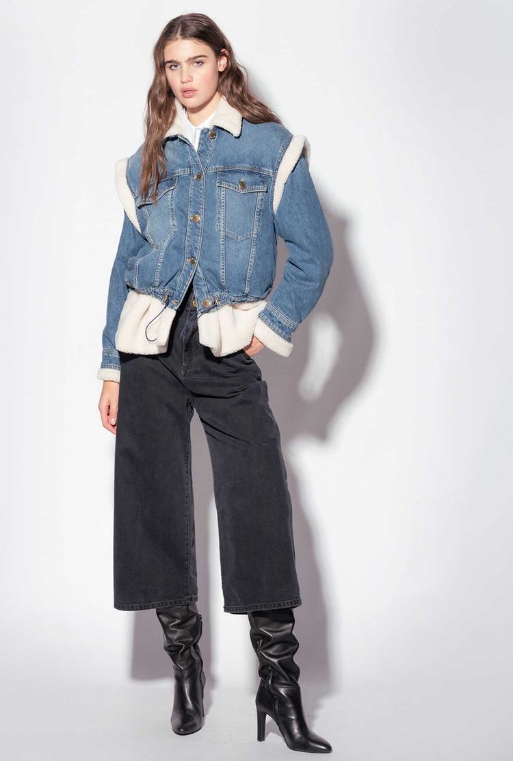 Women's Pinko Denim And Faux Fur Jackets Blue/Cream | Canada-27893519