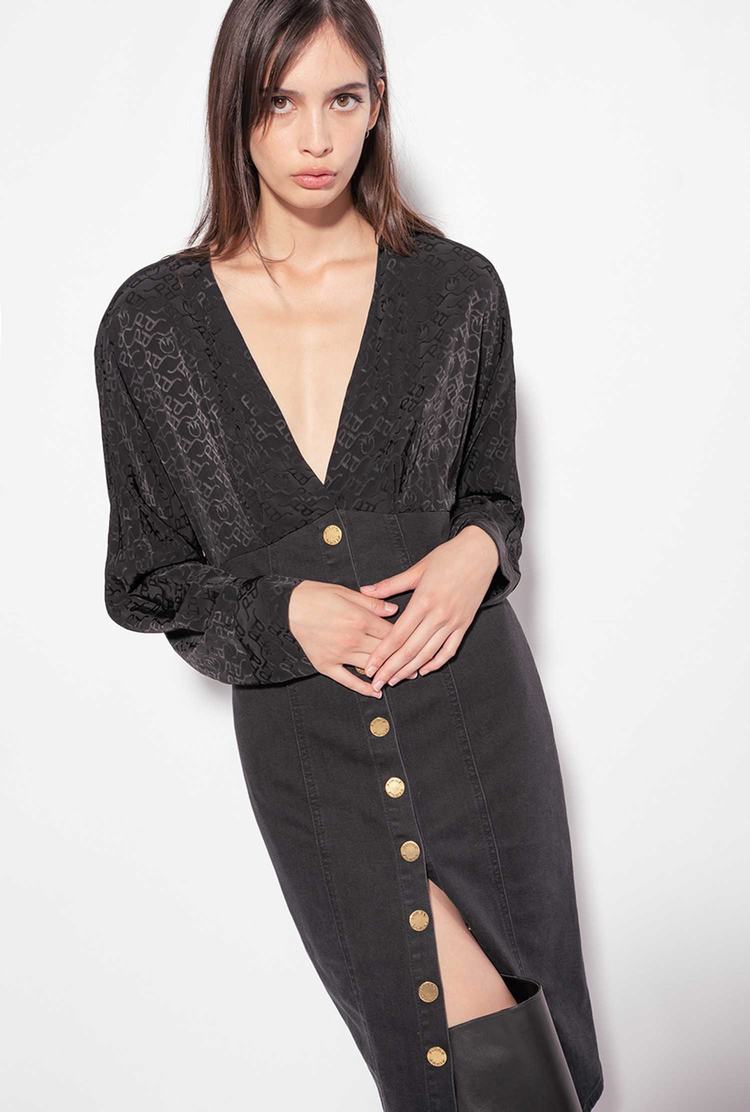 Women's Pinko Denim And Jacquard Midi Dress Black | Canada-31047629