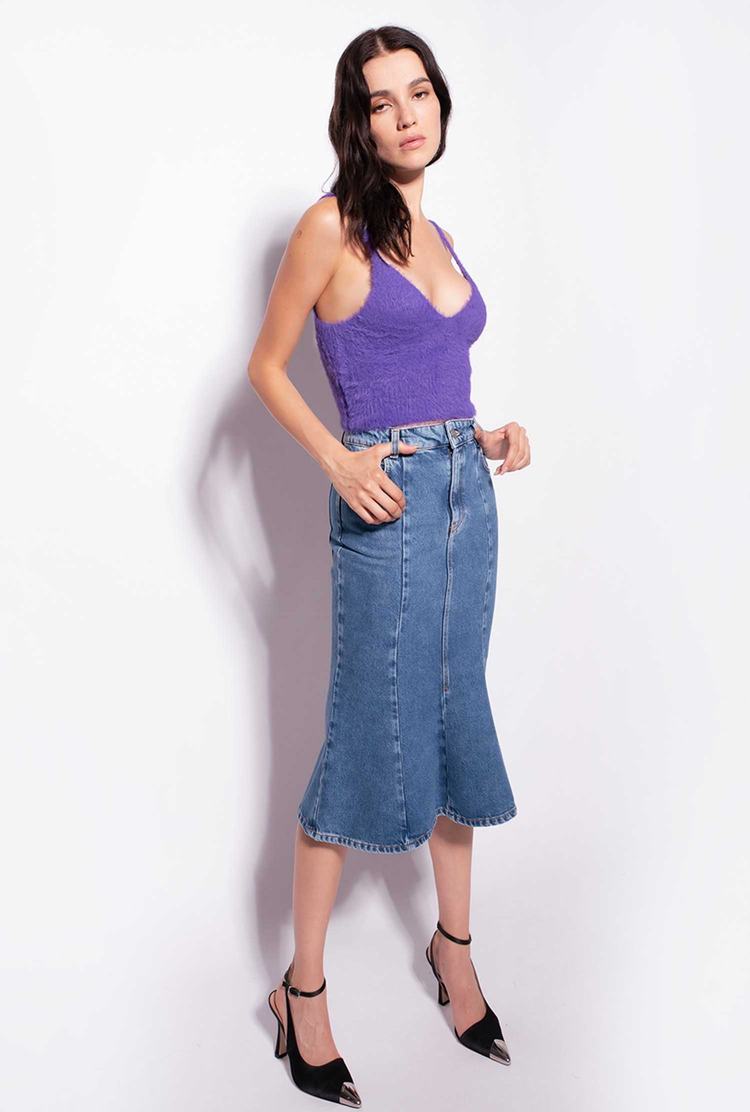 Women's Pinko Denim Midi Skirts Blue | Canada-57360219