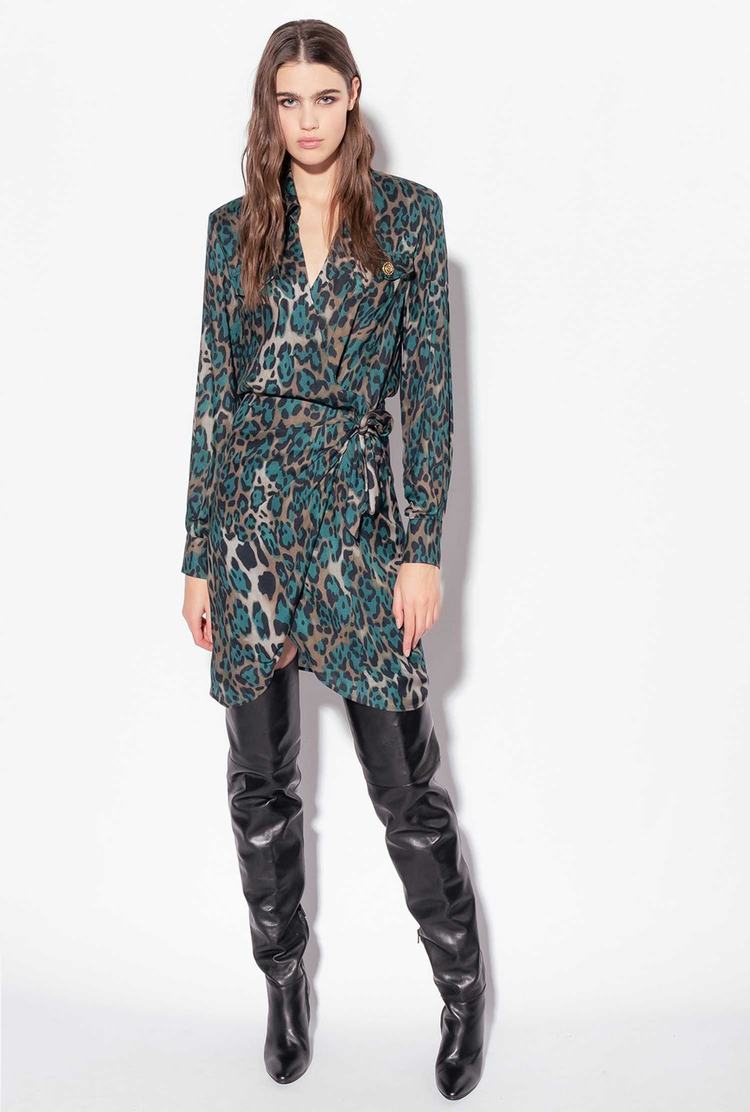 Women's Pinko Dotted Camouflage Motif Dress Multicolor Green/Black | Canada-90782149