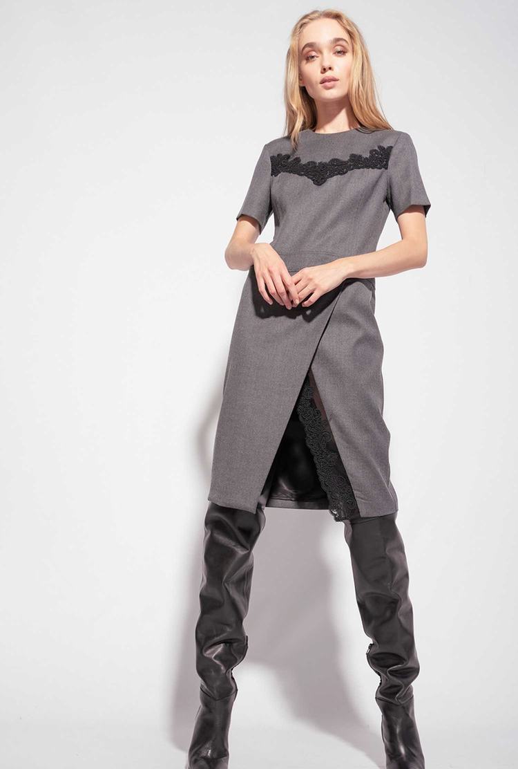 Women's Pinko Flannel And Lace Midi Dress Grey | Canada-78350969