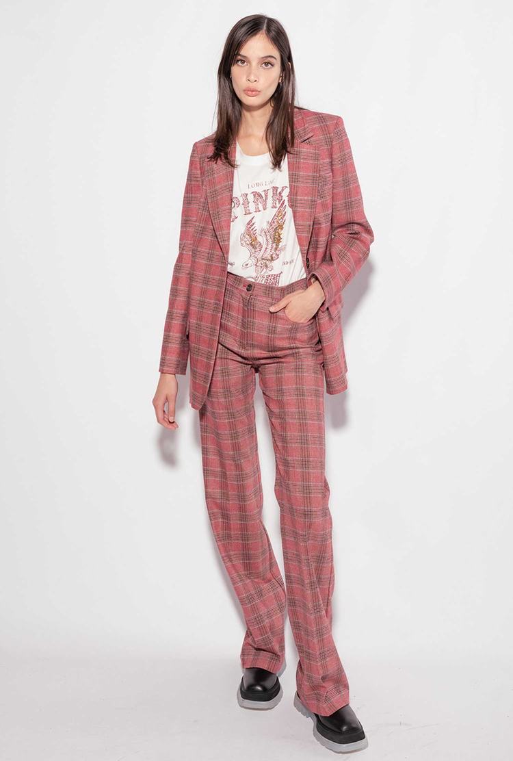 Women's Pinko Flared Prince-of-wales Flannel Pants Multicolor Red/Pink | Canada-10342979