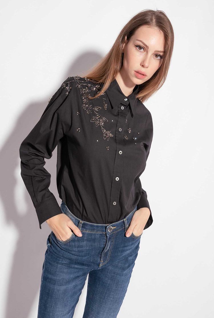 Women's Pinko Floral Embroidery Shirts Black | Canada-64705319