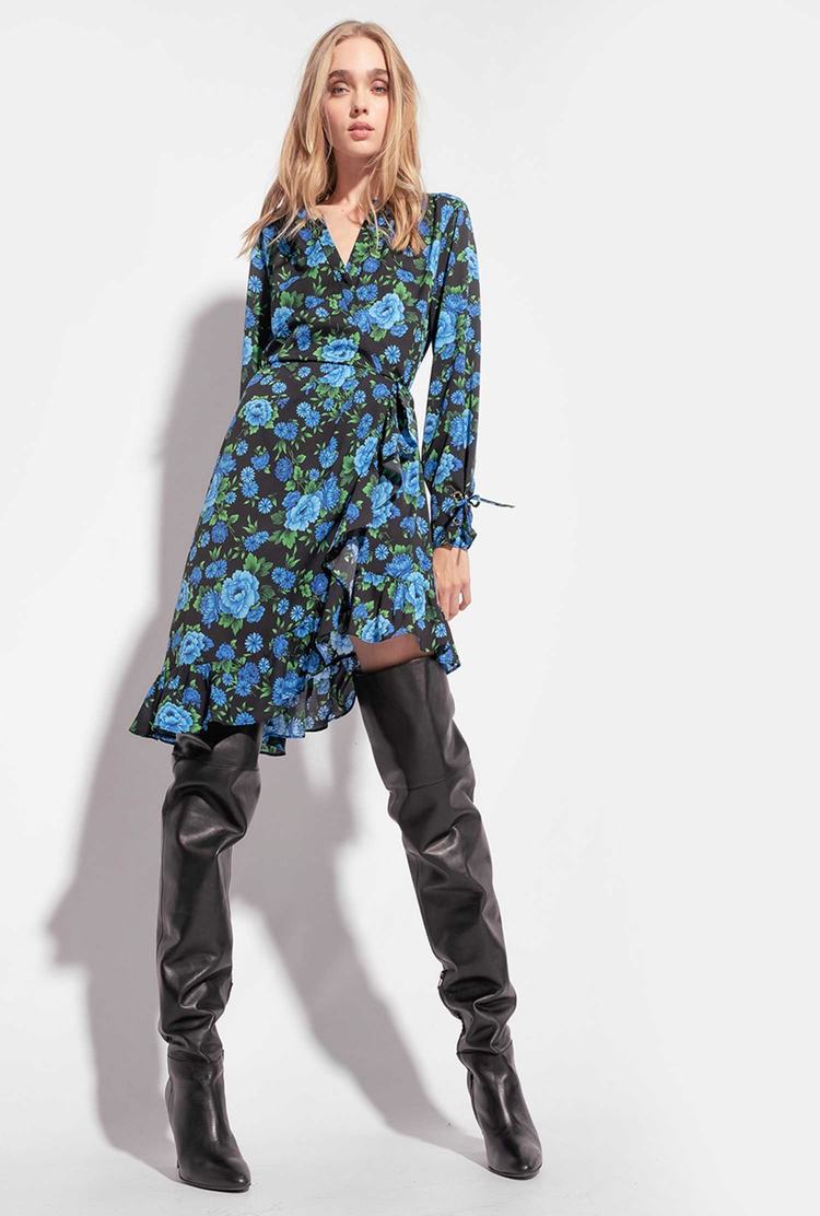 Women's Pinko Floral Wrap Dress Multicolor Black/Flower Blue | Canada-28317609