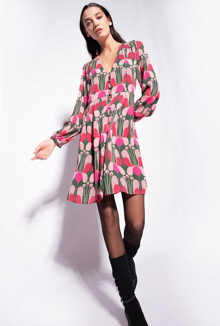 Women's Pinko Flowing Liberty Floral Mini Dress Multicolor Fuchsia/Green | Canada-50839219
