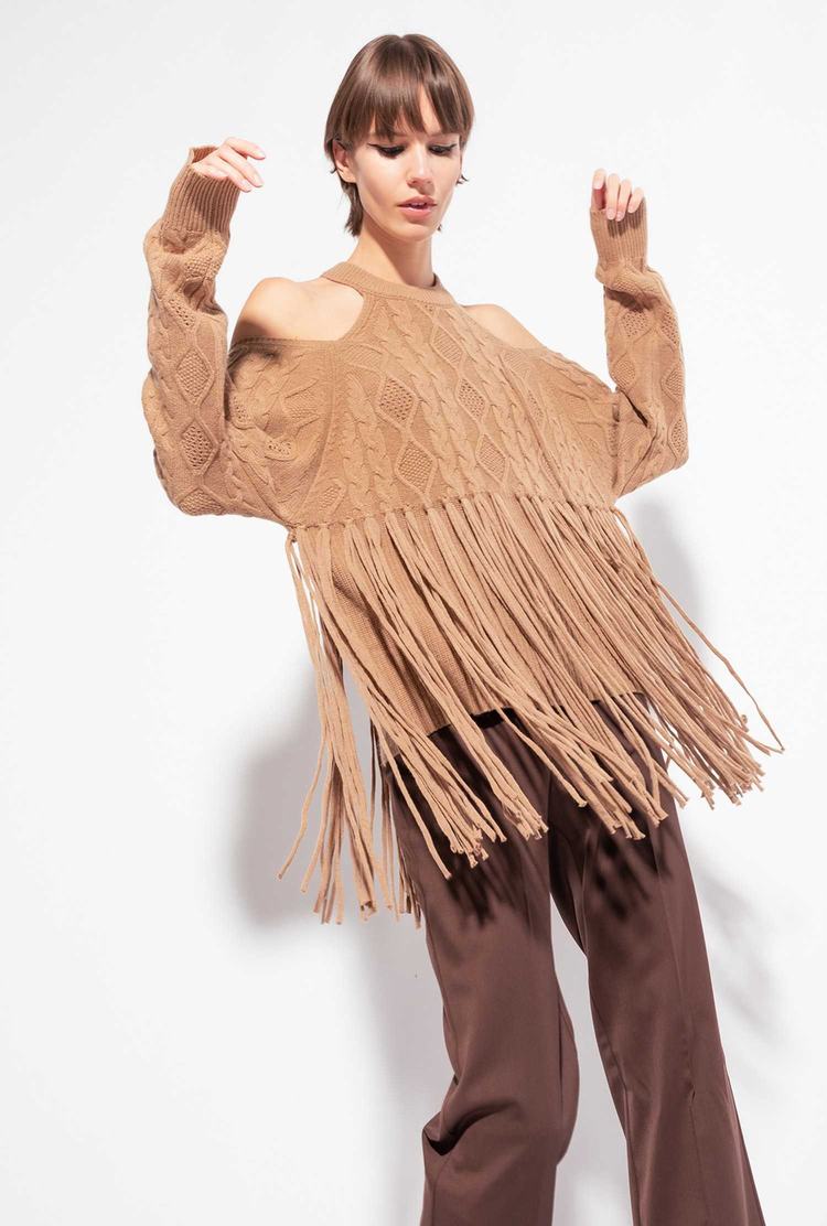 Women's Pinko Fringing Pullover Brown Beige | Canada-98152469