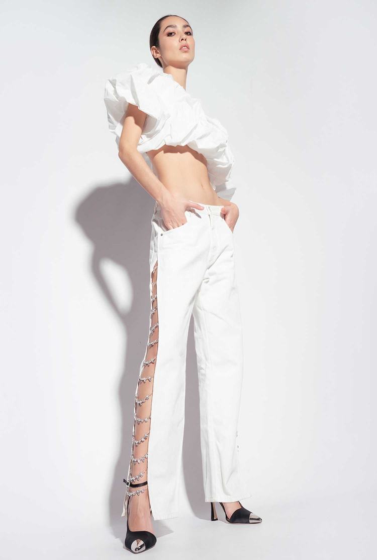 Women's Pinko Galleria Rhinestone-chain Jeans White | Canada-68423059