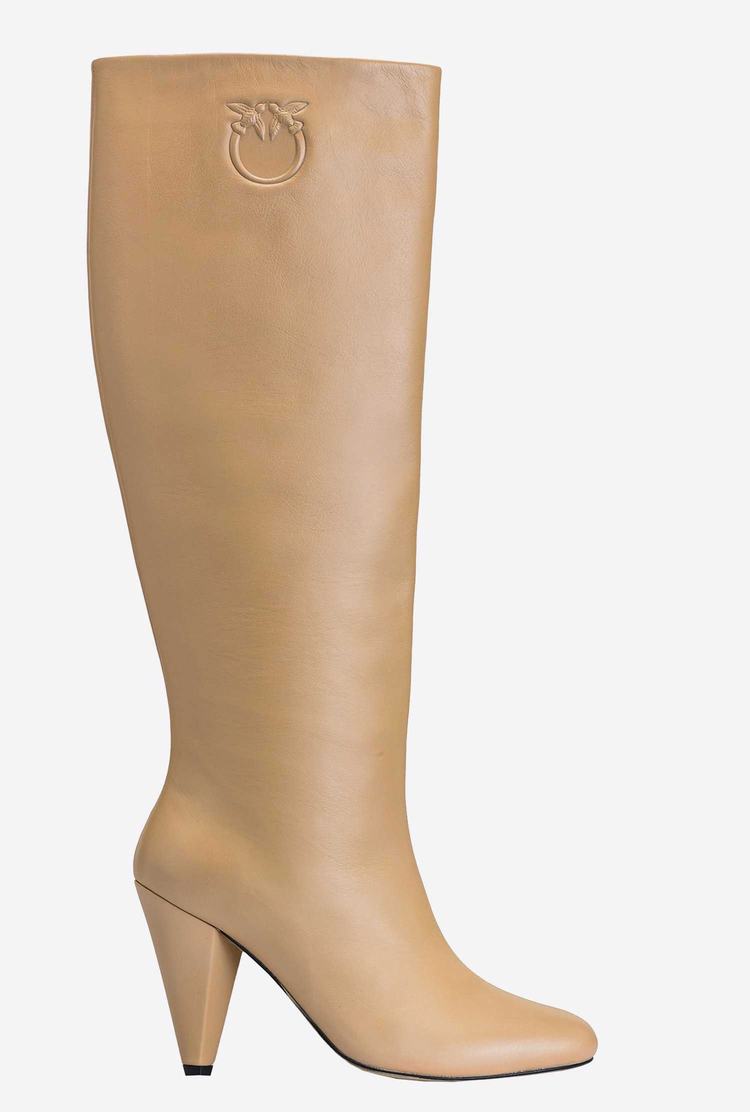 Women's Pinko Heeled Leather Boots Beige | Canada-23714609