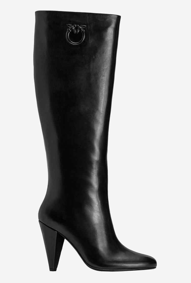 Women's Pinko Heeled Leather Boots Black | Canada-14862709
