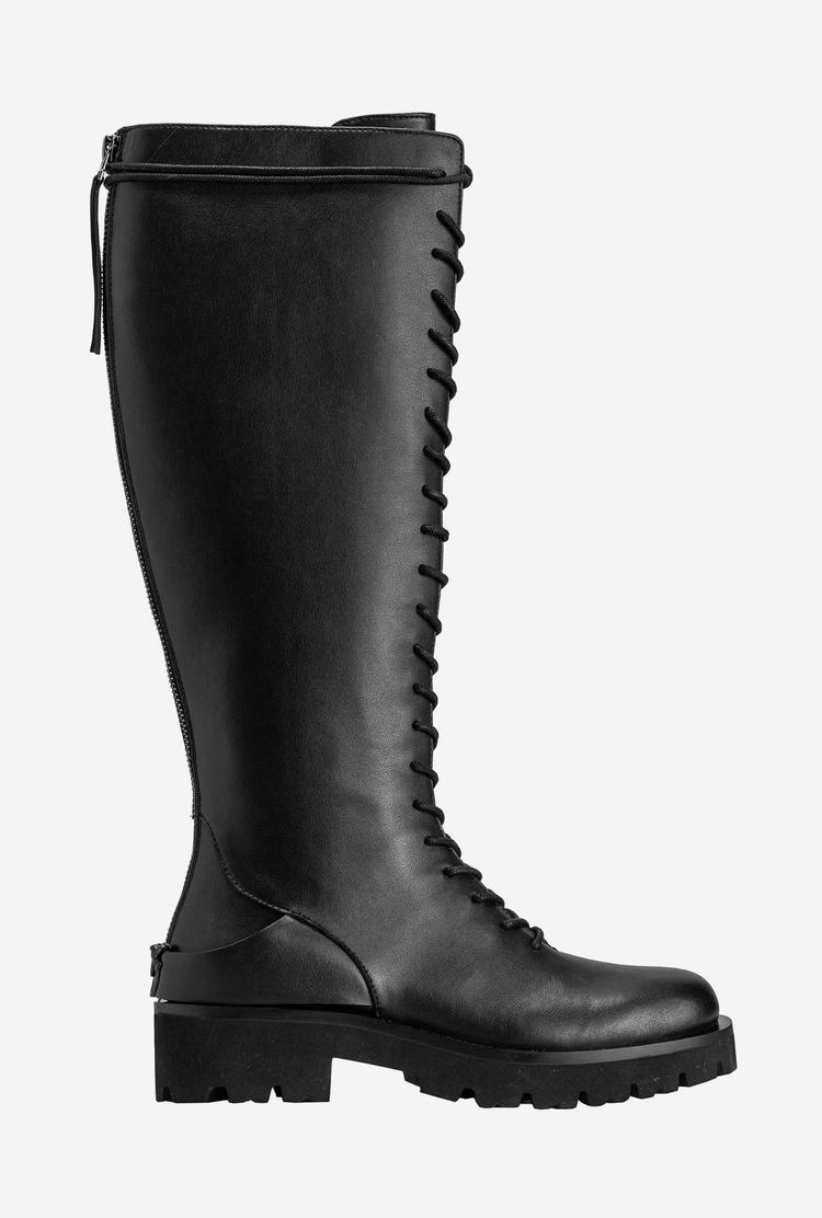 Women's Pinko High Leather Combat Boots Black | Canada-82937169