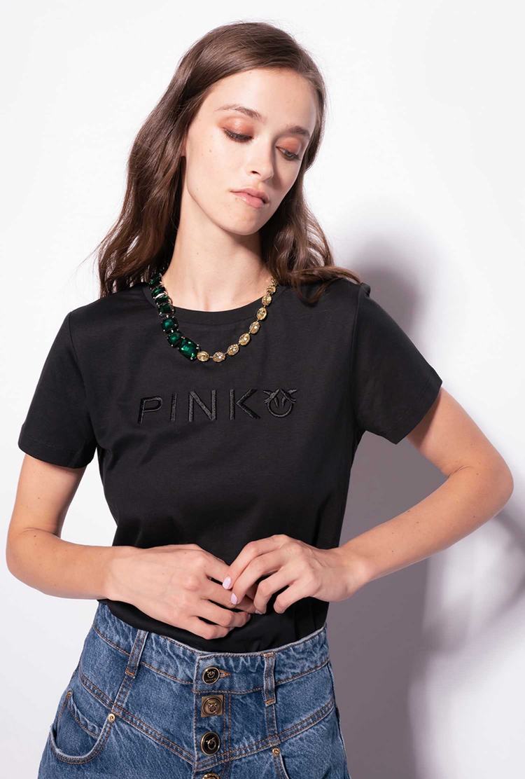 Women's Pinko Jewel Necklace T Shirts Black | Canada-10836479