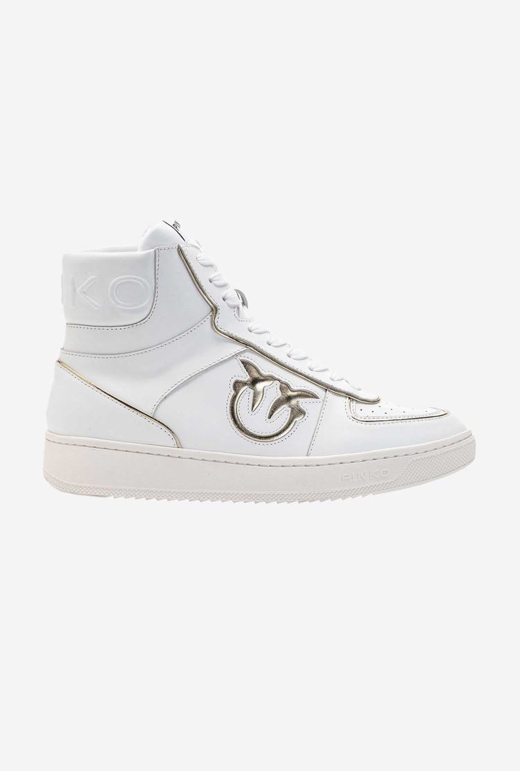 Women's Pinko Leather High-top Sneakers White/Gold | Canada-02319579