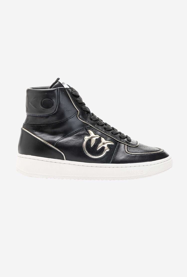 Women's Pinko Leather High-top Sneakers Black/Gold | Canada-23065479