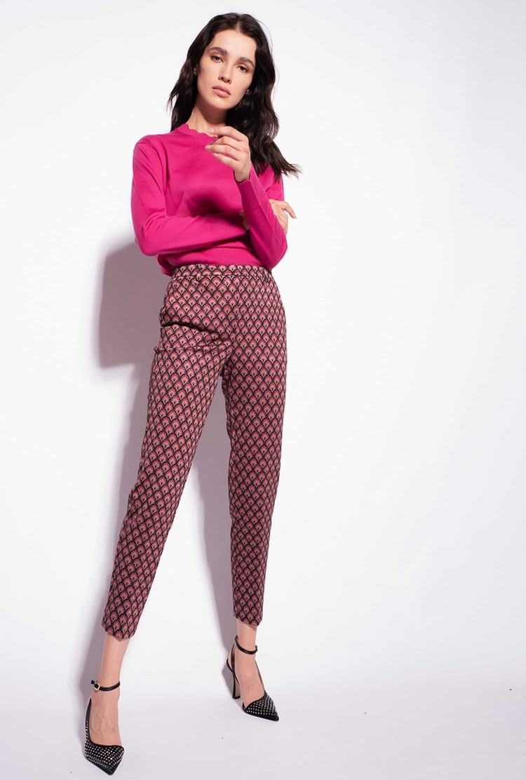 Women's Pinko Liberty Floral Slim-fit Pants Black Beige Fuchsia | Canada-37840159
