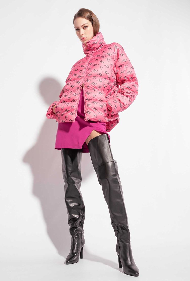Women's Pinko Logo Print Down Jackets Pink/Green | Canada-85347209