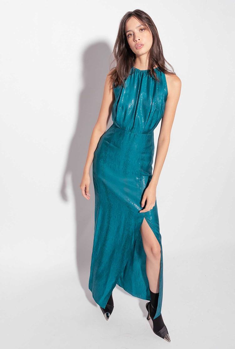 Women's Pinko Long Wet-effect Jacquard Dress Green | Canada-27618509