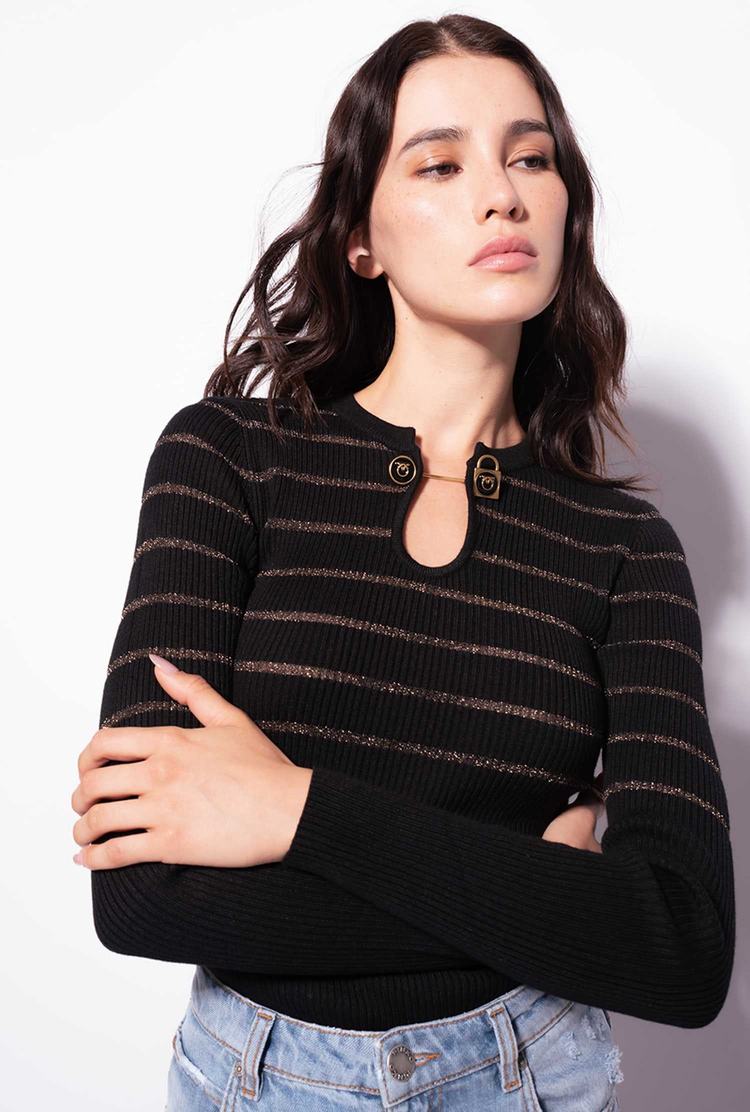 Women's Pinko Long-sleeved Lurex Striped Sweaters Black | Canada-04753919