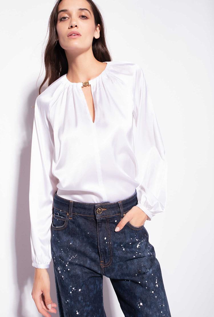 Women's Pinko Long-sleeved Stretch Satin Shirts White | Canada-05986739