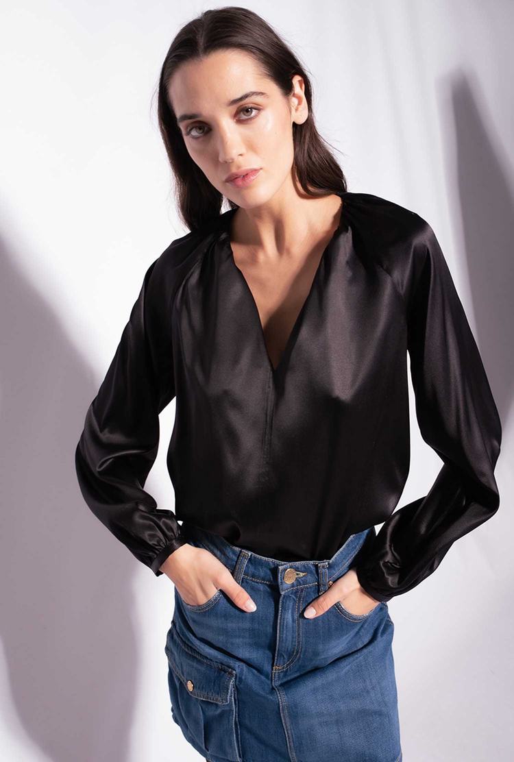 Women's Pinko Long-sleeved Stretch Satin Shirts Black | Canada-50314979