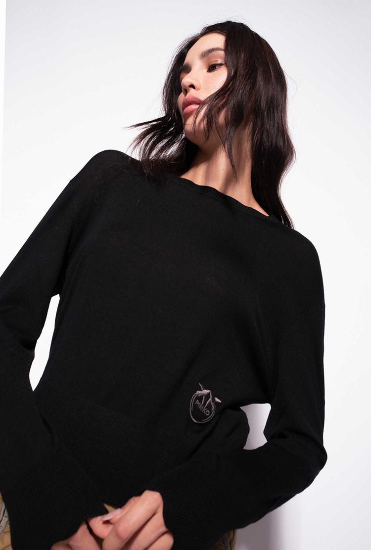 Women's Pinko Love Birds Embroidery Pullover Black | Canada-45971029