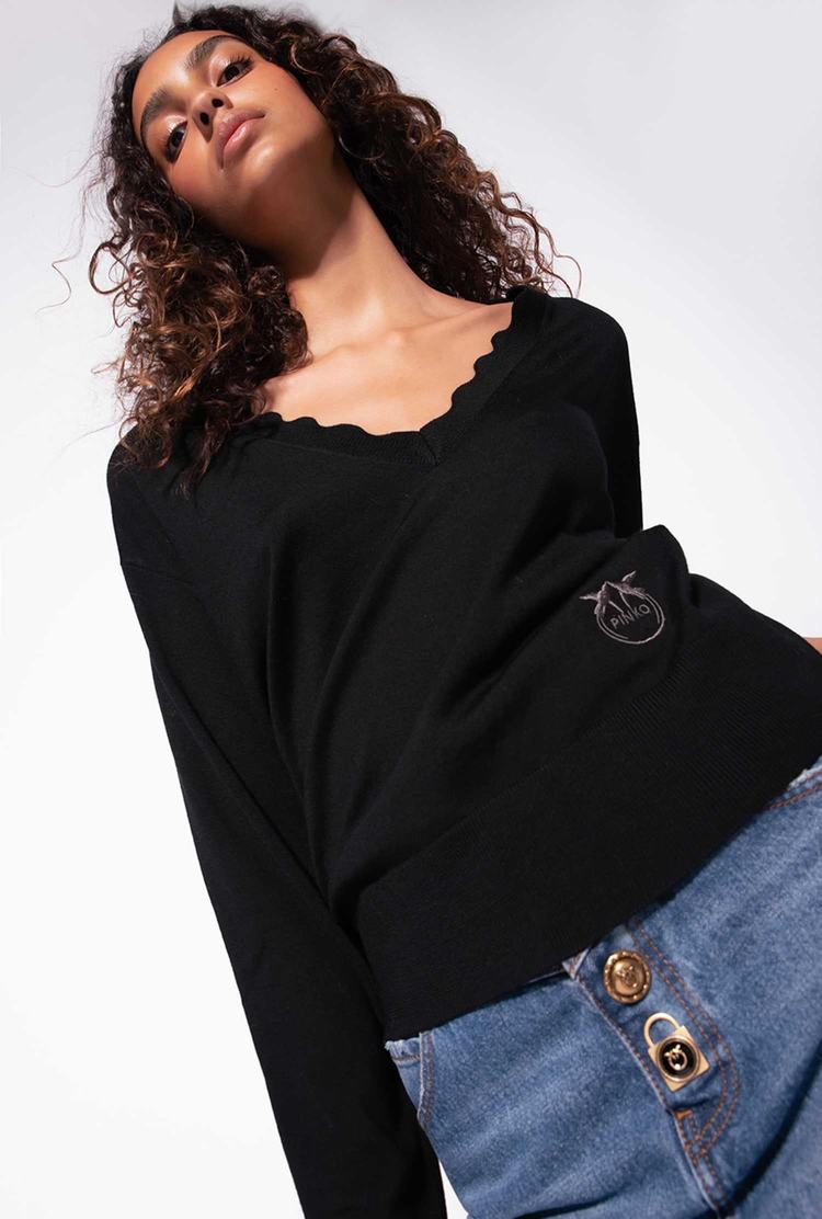 Women's Pinko Love Birds Embroidery Pullover Black | Canada-85302469