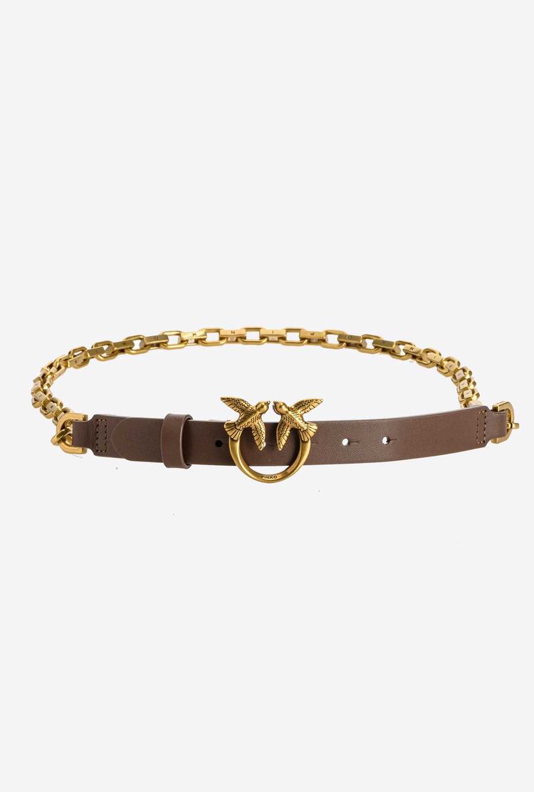 Women's Pinko Love Birds Leather And Chain Belts Olive Brown | Canada-85640719