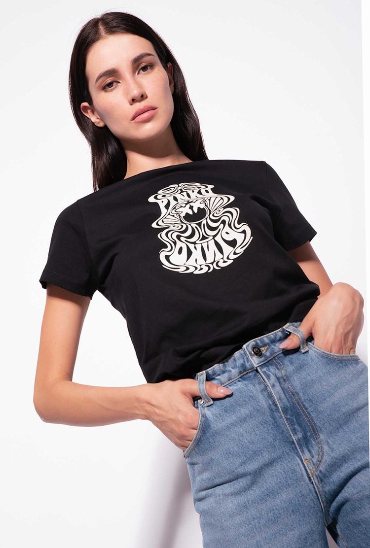 Women's Pinko Love Birds Logo T Shirts Black | Canada-52473909