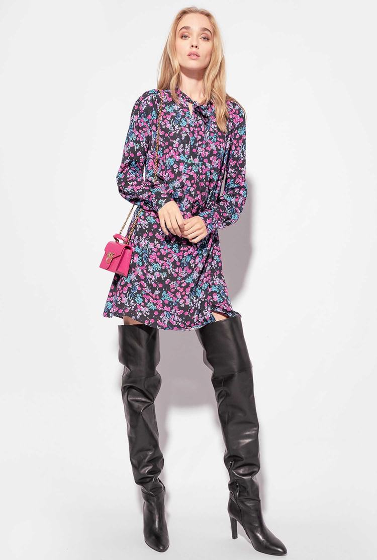 Women's Pinko Micro-floral Dress Black/Fuchsia | Canada-82036799
