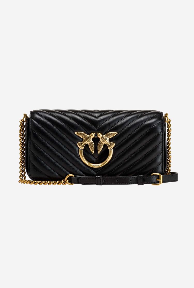 Women's Pinko Mini Love Bag Click Baguette Chevron Shoulder Bags Black Gold | Canada-06947359