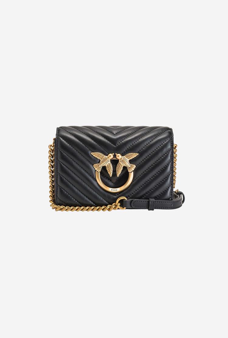 Women's Pinko Mini Love Bag Click V Quilt Crossbody Bags Black Gold | Canada-79536219