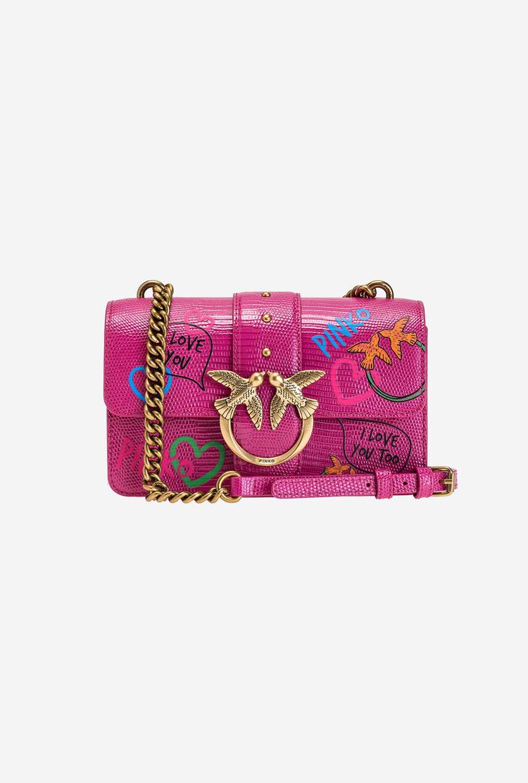Women's Pinko Mini Love Bag Icon Street Art Love Crossbody Bags Fuchsia Gold | Canada-64209539